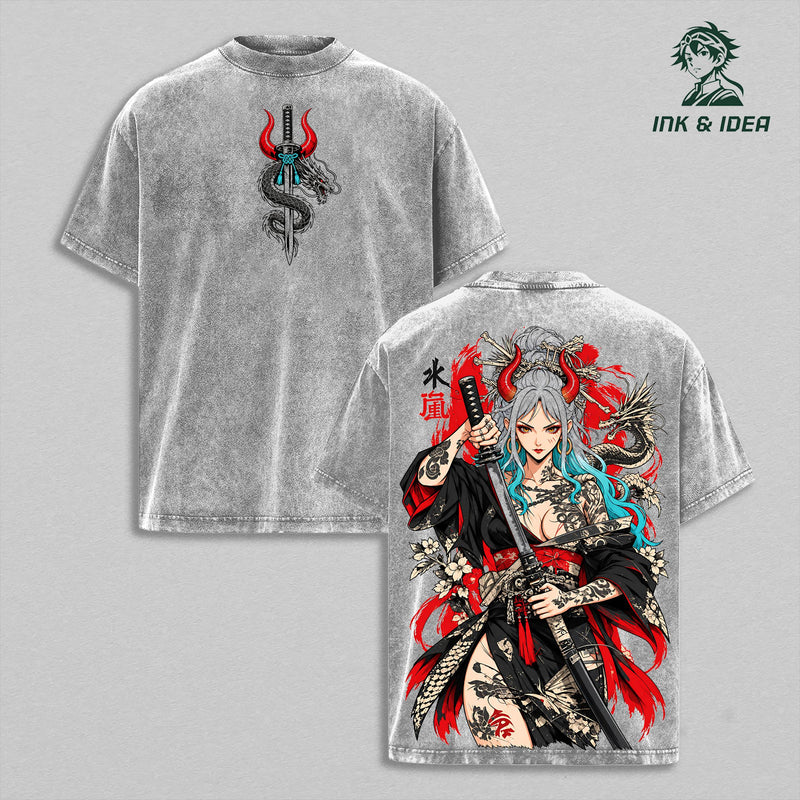 Yamato One Piece Vintage Washed Gym T-Shirt, Oni Princess Samurai Katana Dragon Double Sided Anime Graphic Tee, Oversized Heavyweight Cotton Wano Manga Streetwear, Unisex Fan Gift