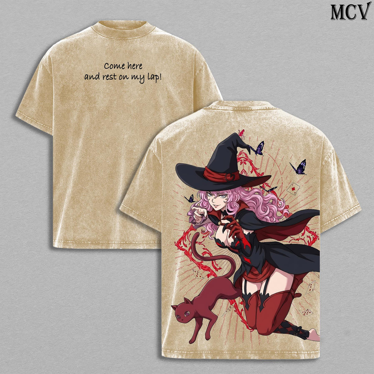 Vanessa Enoteca Black Clover Tee – Vanessa Vintage Washed T-Shirt | Black Bulls Witch | Thread Magic Anime Manga Graphic Tee | Heavy Cotton Unisex Oversized Streetwear Top