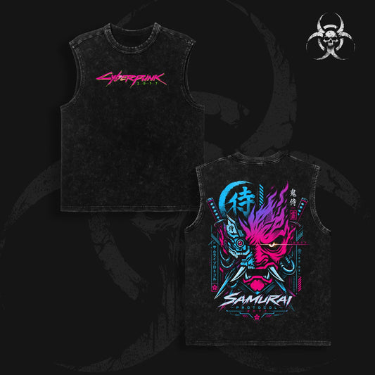 Cyberpunk 2077 Samurai Vintage Washed Oversized T-Shirt, Samurai Logo Graphic Tee, Heavyweight Cotton Double Printed Night City Gaming Streetwear