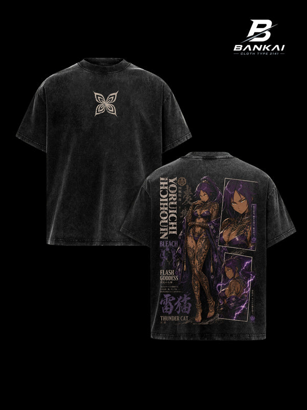 Yoruichi Shihouin Bleach Vintage Washed Tee, Anime Manga Gothic Tattoo Graphic T-Shirt, Heavyweight Cotton Unisex Oversized Streetwear Top for Men Women, Flash Goddess Thunder Cat Dark Fantasy Character Shirt Gift