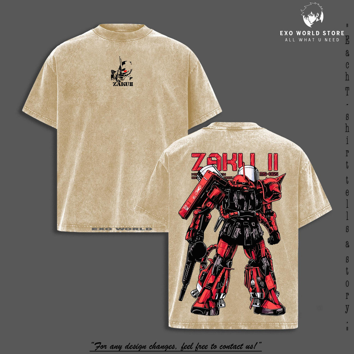 Gundam Mobile Suit V2 Zaku II MS-065 - Gundam Anime Double Side T-Shirt, Unisex Mineral Anime Manga Washed Heavy Cotton T-shirt, Gift For Anime Fan, Anime Lover