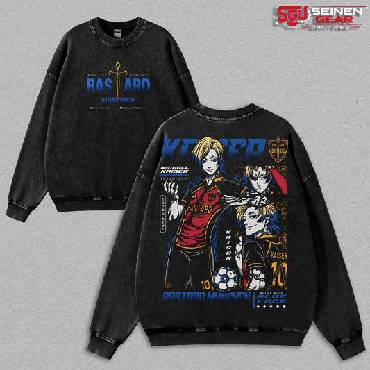 Michael Kaiser Bastard München Vintage Washed Oversized Graphic T-Shirt Sweatshirt Hoodie, Blue Lock Anime Soccer Tee, Heavyweight Cotton Manga Streetwear Outfit Gift for Anime Fans