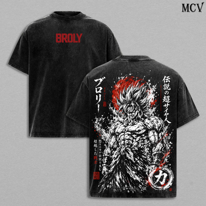 Broly DBZ Washed Tee, SuperSaiyan Berserker Anime Graphic Double Printed Shirt, Menswear Heavy Cotton Unisex Oversized Vintage Battle Beast Streetwear Top