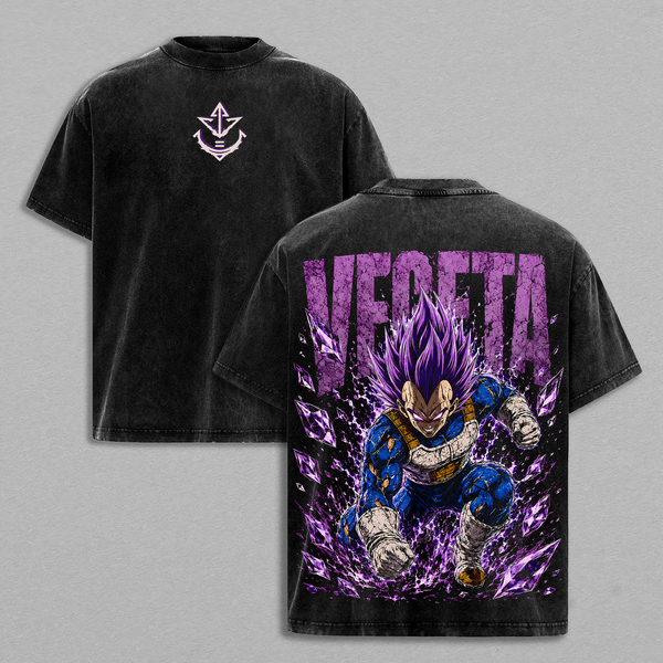 Prince Saiyan Legendary Saiyan Warrior Purple Power Form Double Printed Vintage Tee, Pride Warrior Destruction Energy Battle Aura Anime Graphic Shirt Heavyweight Cotton Unisex Streetwear
