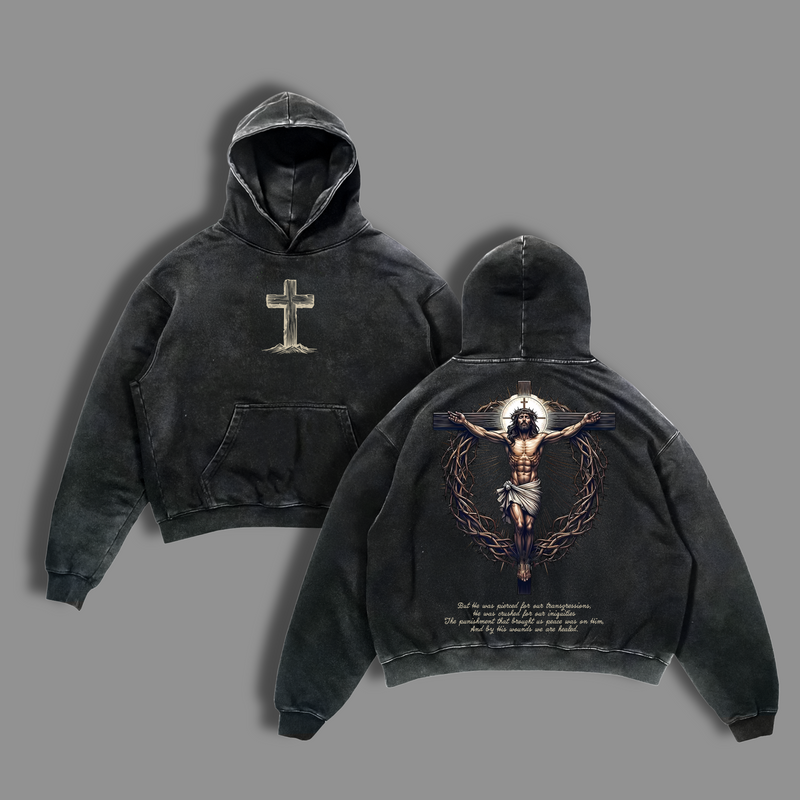 Jesus Crucifix Cross T-Shirt Washed | Hoodie Washed | He Died For Our Sins Bible Verse Tee | Christian Faith Streetwear | Religious Vintage Shirt | Glory Threads Gospel Clothing