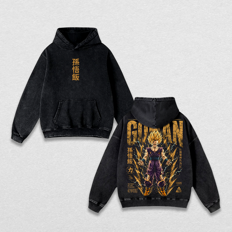 Son Gohan Super Saiyan 2 Vintage Washed Heavyweight Cotton T-Shirt, Dragon Ball Z SSJ2 Anime Graphic Tee, Double Sided Oversized Streetwear Shirt, Retro Manga Unisex Fan Gift