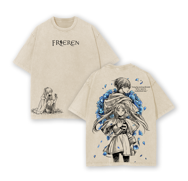 Frieren x Himmel Tee Washed – Frieren: Beyond Journey’s End Vintage Washed Heavy Cotton Oversized Anime Manga T-Shirt