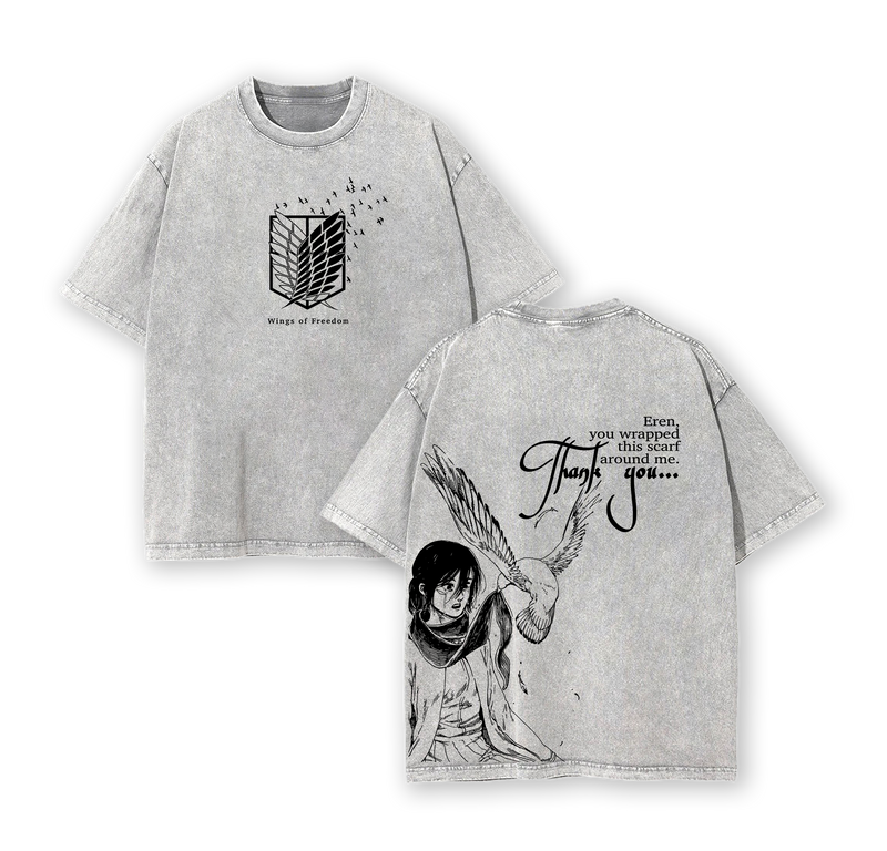 Wings Of Freedom Attack On Titan Anime Double Printed Vintage Washed Tee