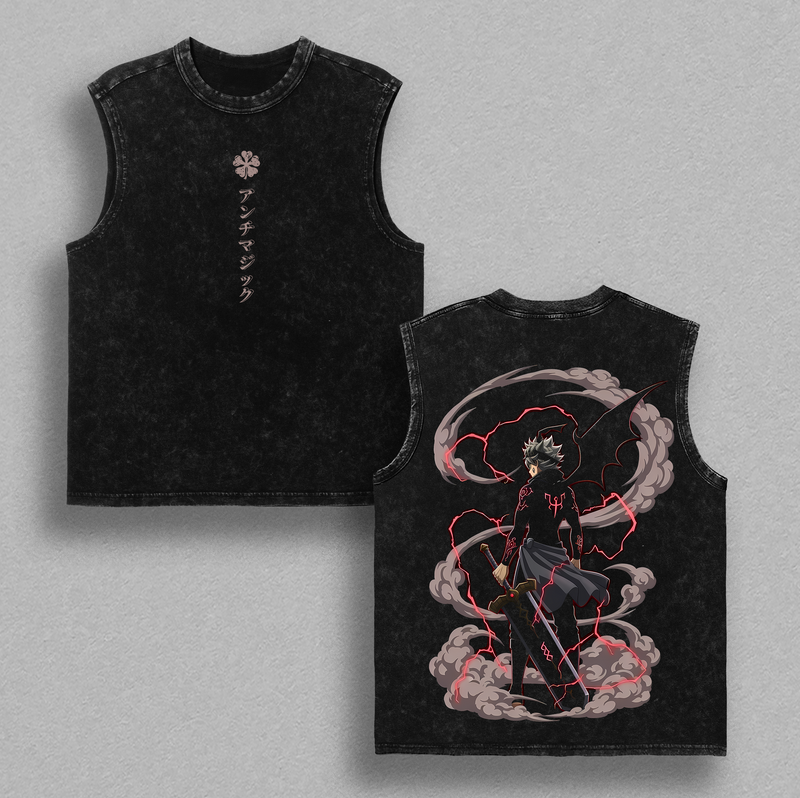 Asta Black Clover Anime Vintage Washed Oversized Graphic Tee Black Form Demon Power Magic Knight Streetwear Shirt