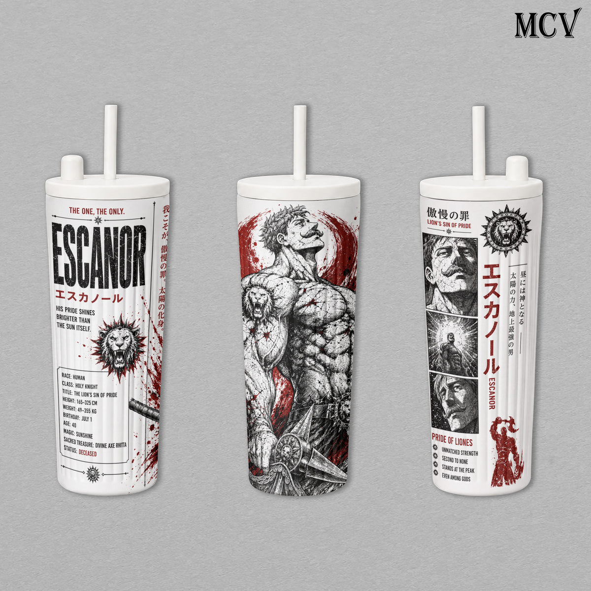 Escanor Lion’s Sin of Pride - The Seven Deadly Sins Anime - Sunshine Sacred Axe Manga Embossed Raised Art - 17oz 24oz 30oz Insulated Tumbler, Stainless Steel Water Bottle, Straw Cup, Handle Travel Mug