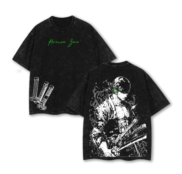 Zoro Three Swords Vintage Washed Oversized T-Shirt Op Retro Anime Manga Tee for One Piece Fans & Streetwear Lovers