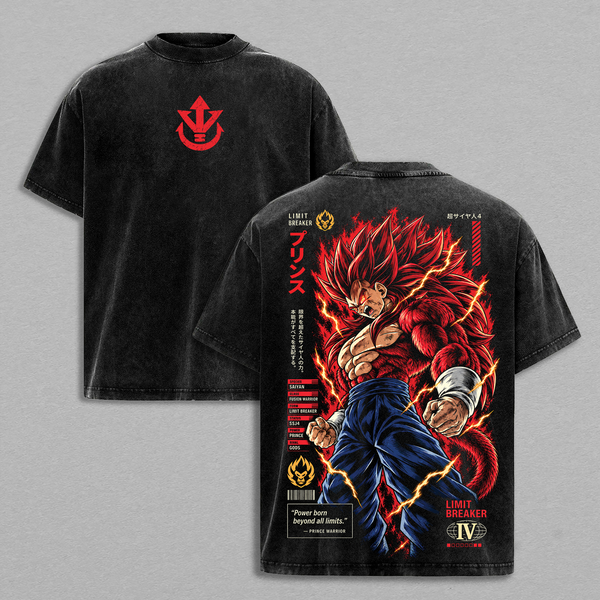 SSJ4 Fusion Warrior Dragon Ball GT Vintage Washed Gym T-Shirt, Limit Breaker Red Fur Saiyan Double Sided Anime Graphic Tee, Oversized Heavyweight Cotton Manga Streetwear, Unisex Fan Gift