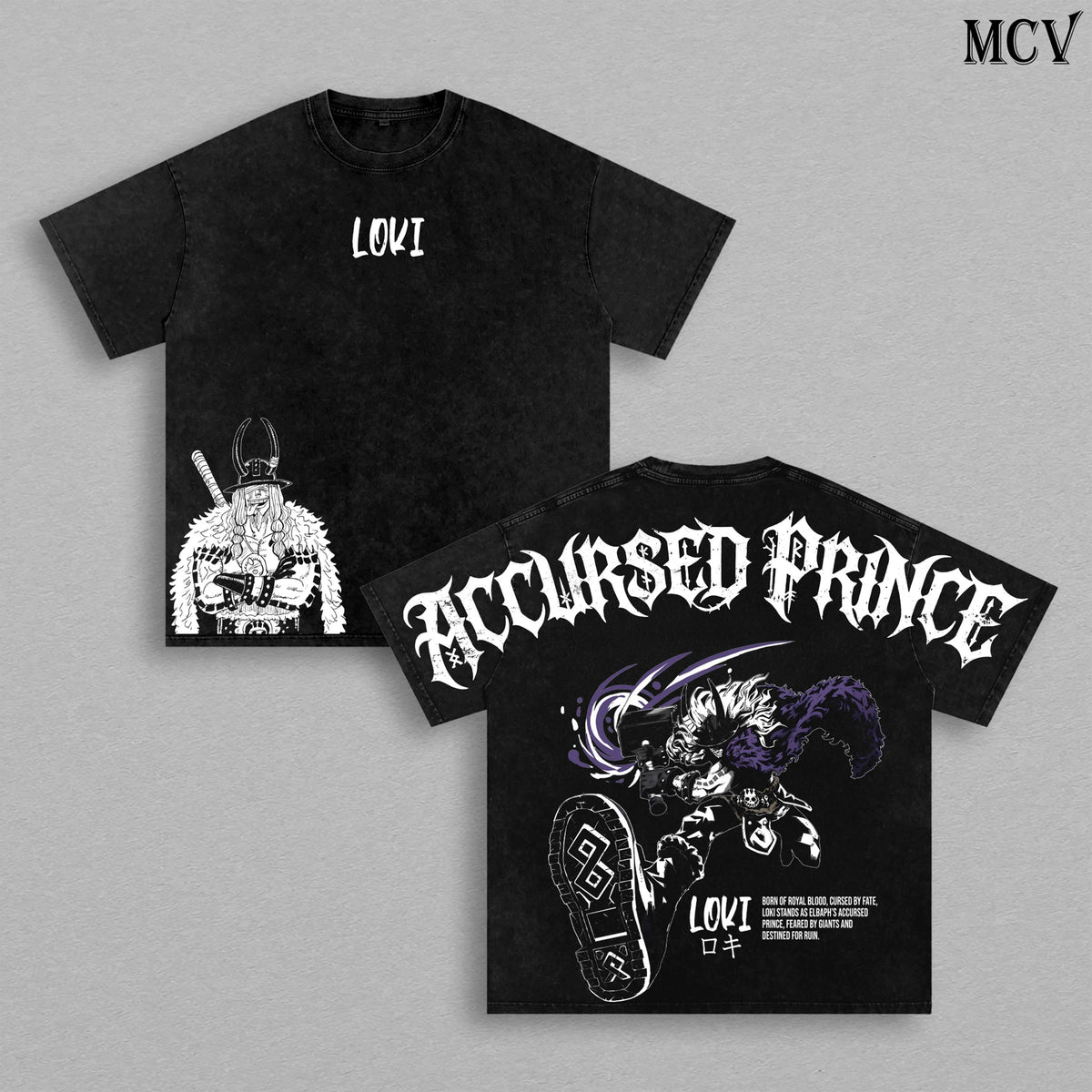 Loki Accursed Prince Washed Tee – One Piece Elbaf Giant Prince Norse Myth Anime Manga Graphic Double Printed T-Shirt, Menswear Heavy Cotton Unisex Oversize Streetwear Vintage Retro
