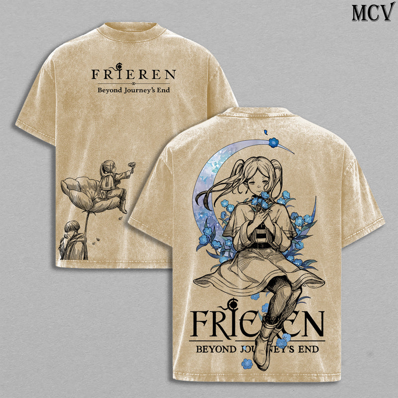 Frieren Peaceful Journey – Beyond Journey’s End Vintage Washed Anime Graphic T-Shirt Fantasy Manga Streetwear