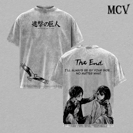 Attack on Titan The End T-Shirt, Eren Mikasa Anime Tee, Emotional Ending Vintage Washed Tee
