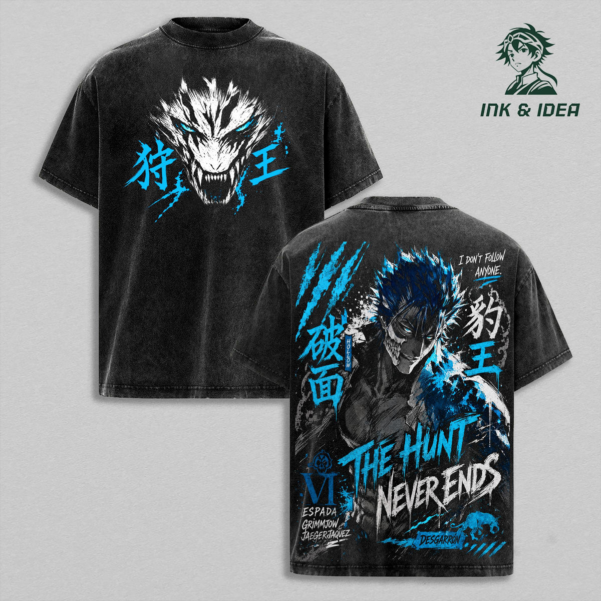 Grimmjow Jaegerjaquez Espada VI Vintage Washed Anime Tee, Bleach Arrancar Hollow Graphic Shirt, The Hunt Never Ends Oversized Streetwear, Heavyweight Cotton Anime Fan Gift