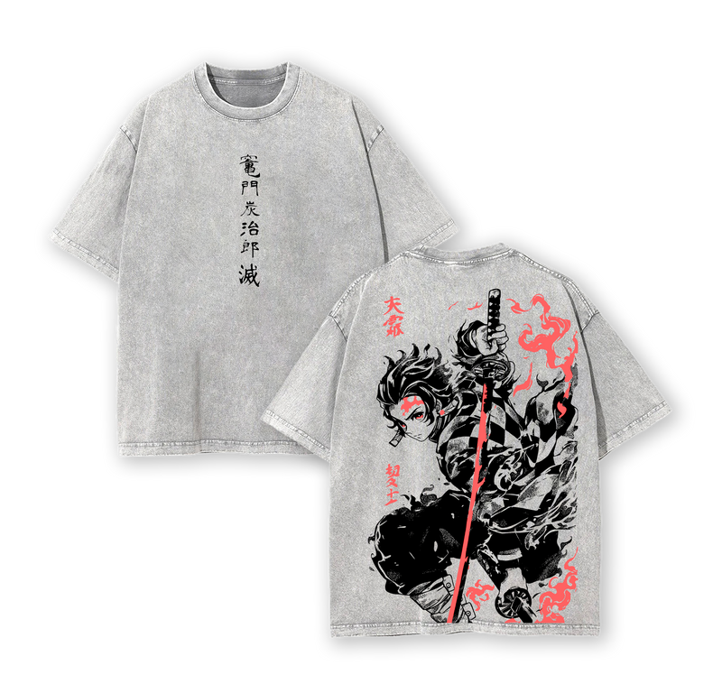 Tanjiro Kamado T-Shirt – Demon Slayer Kimetsu no Yaiba Vintage Washed Oversized Heavy Cotton Anime Manga Tee