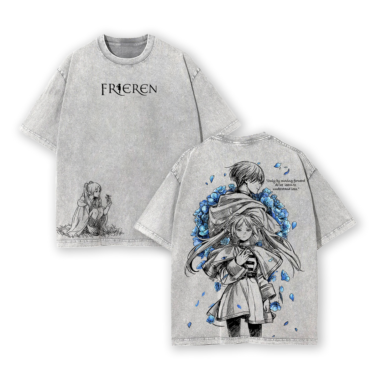 Frieren x Himmel Tee Washed – Frieren: Beyond Journey’s End Vintage Washed Heavy Cotton Oversized Anime Manga T-Shirt