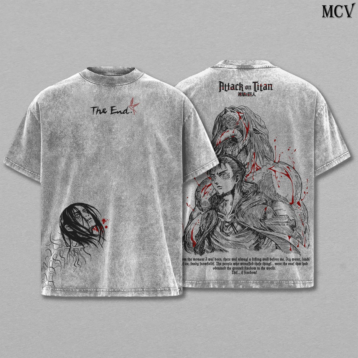 Eren Yeager The End – Attack on Titan Vintage Washed Anime Graphic T-Shirt Final Arc Dark Streetwear
