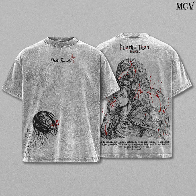 Eren Yeager The End – Attack on Titan Vintage Washed Anime Graphic T-Shirt Final Arc Dark Streetwear