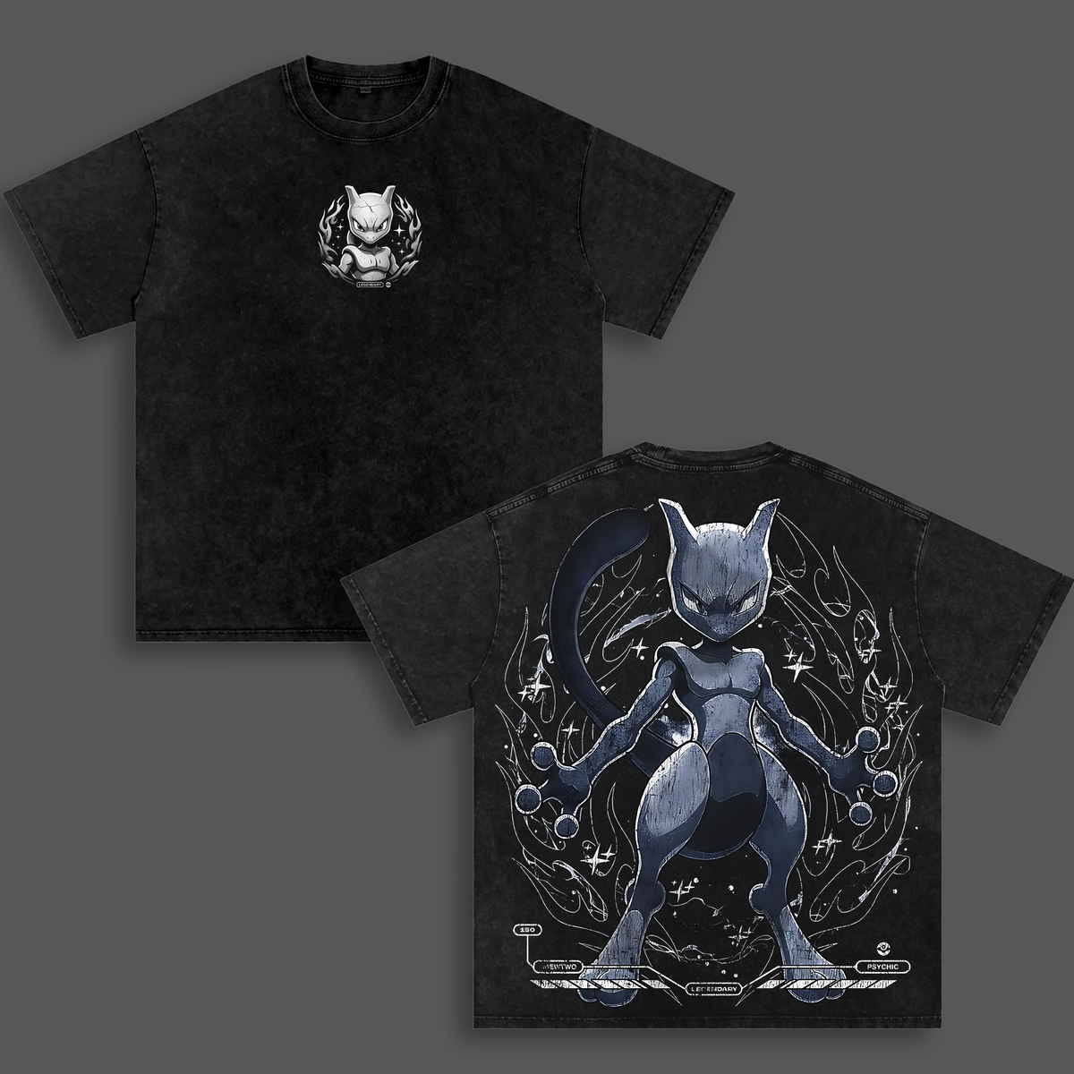 Vintage Mewtwo Acid Washed T-Shirt Unisex Oversized Anime Manga T-Shirt Heavyweight Cotton Tee for Anime Fans