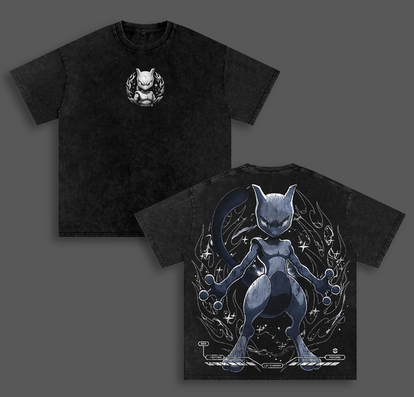 Vintage Mewtwo Acid Washed T-Shirt Unisex Oversized Anime Manga T-Shirt Heavyweight Cotton Tee for Anime Fans