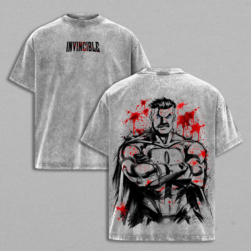 Omni-Man Washed Tee & Hoodie, Tank Top, Sweatshirt – Invincible Viltrumite Warrior Anime Graphic Double Printed T-Shirt, Menswear Heavy Cotton Unisex Oversize Streetwear Vintage Retro