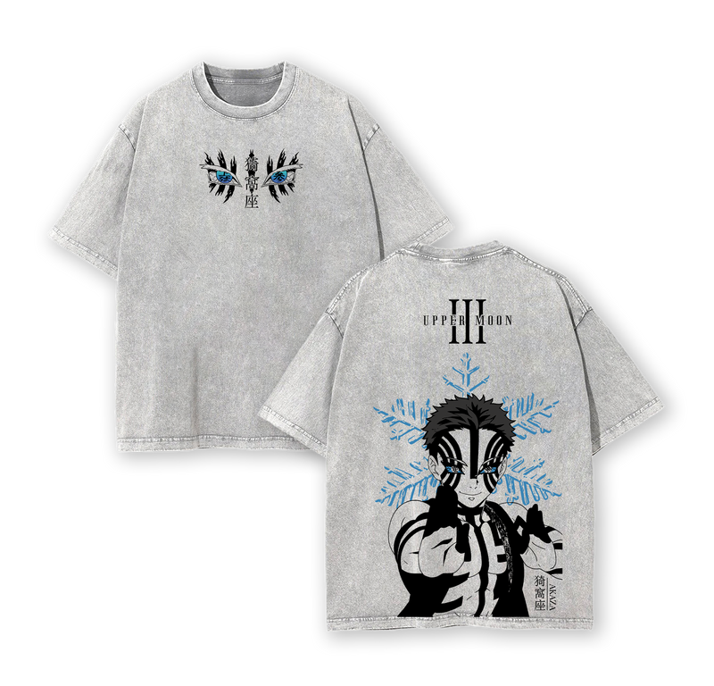 Akaza Demon Slayer Washed Vintage T-Shirt, Oversized Heavy Cotton Graphic Tee, Upper Moon 3 Inspired Streetwear Otaku Aesthetic