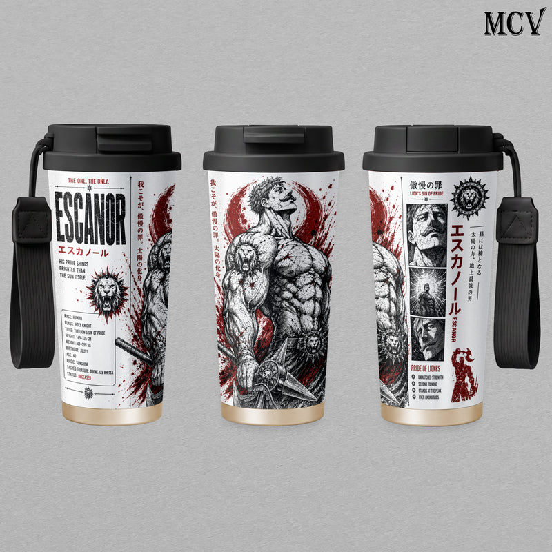 Escanor Lion’s Sin of Pride - The Seven Deadly Sins Anime - Sunshine Sacred Axe Manga Embossed Raised Art - 17oz 24oz 30oz Insulated Tumbler, Stainless Steel Water Bottle, Straw Cup, Handle Travel Mug