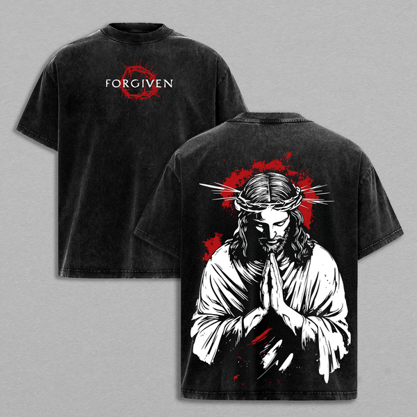 Forgiven Jesus Vintage Washed Oversized T-Shirt – Christian Graphic Tee, Praying Jesus Art Shirt, Washed Cotton Casual Streetwear, Unisex Top, Faith Inspired Apparel, Gift for Believers