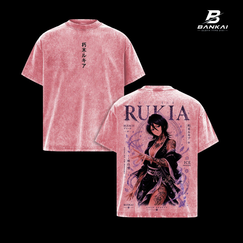 Kuchiki Rukia Bleach Vintage Washed Oversized Graphic T-Shirt, Anime Streetwear Tee With Ice Princess Shinigami Artwork, Sode no Shirayuki Sword Fantasy Print, Heavy Cotton Retro Grunge Shirt, Japanese Manga Inspired Clothing, Gift For Bleach Fans