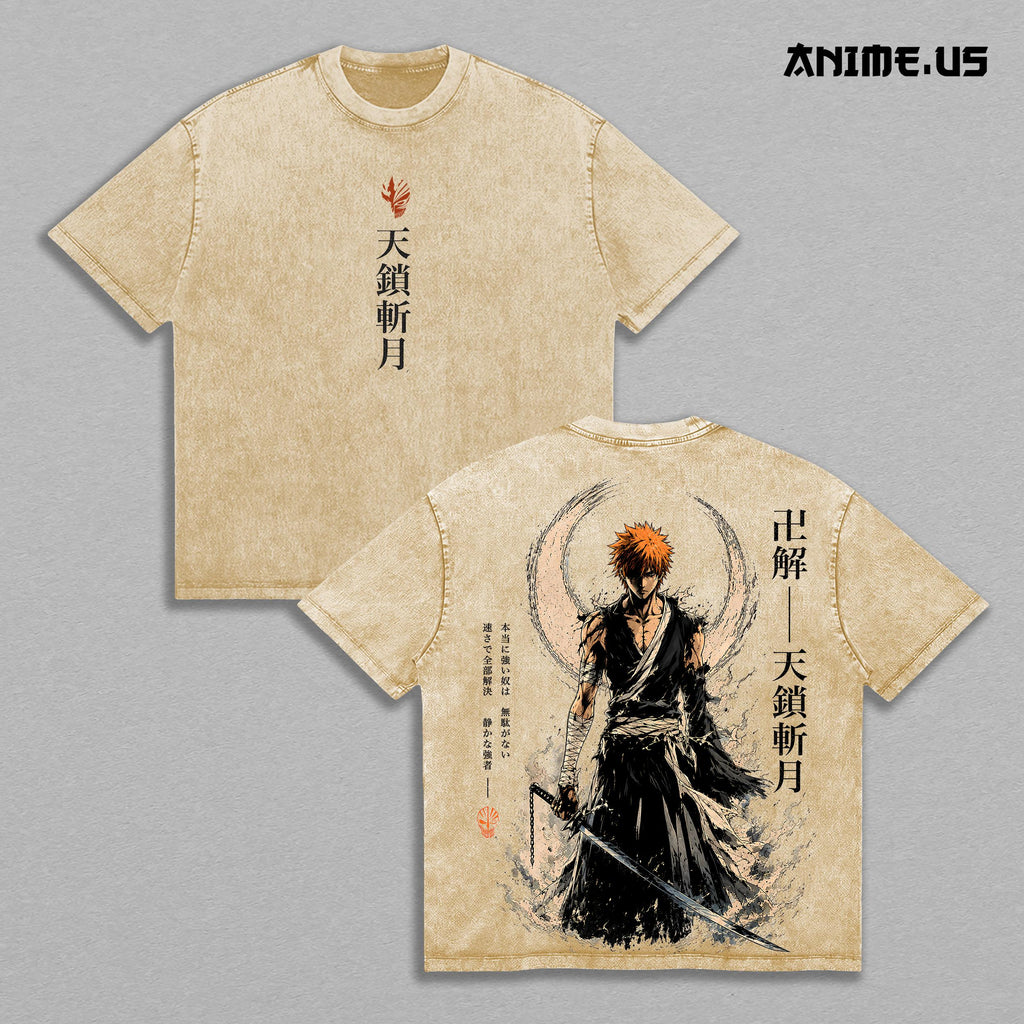 Ichigo Kurosaki Bleach Thousand-Year Blood War Vintage Washed Oversized T-Shirt, Tensa Zangetsu Anime Graphic Tee, Heavyweight Cotton Streetwear Shirt