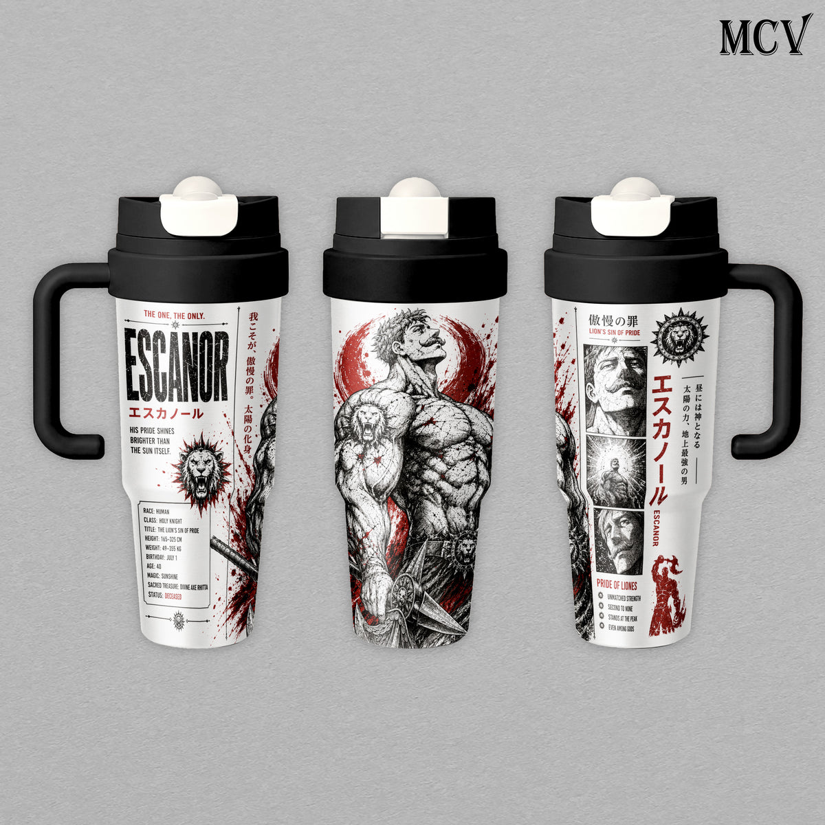 Escanor Lion’s Sin of Pride - The Seven Deadly Sins Anime - Sunshine Sacred Axe Manga Embossed Raised Art - 17oz 24oz 30oz Insulated Tumbler, Stainless Steel Water Bottle, Straw Cup, Handle Travel Mug