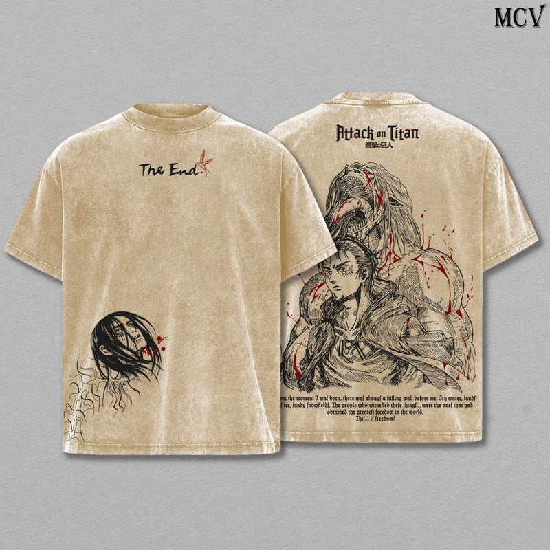 Eren Yeager The End – Attack on Titan Vintage Washed Anime Graphic T-Shirt Final Arc Dark Streetwear