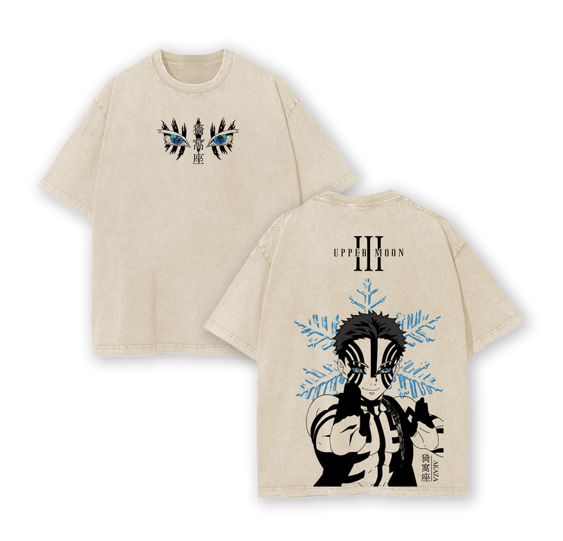 Akaza Demon Slayer Washed Vintage T-Shirt, Oversized Heavy Cotton Graphic Tee, Upper Moon 3 Inspired Streetwear Otaku Aesthetic