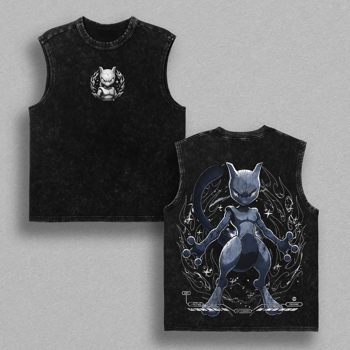 Vintage Mewtwo Acid Washed T-Shirt Unisex Oversized Anime Manga T-Shirt Heavyweight Cotton Tee for Anime Fans