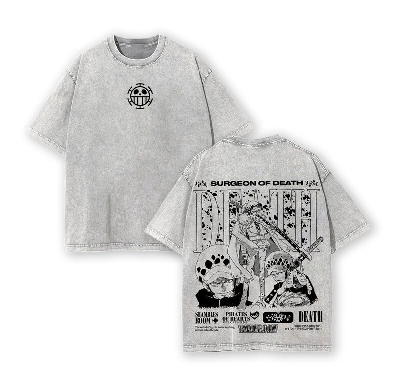Trafalgar D. Water Law Tee Washed – Trafalgar Law One Pieceee Vintage Washed Oversized Heavy Cotton Anime Manga T-Shirt