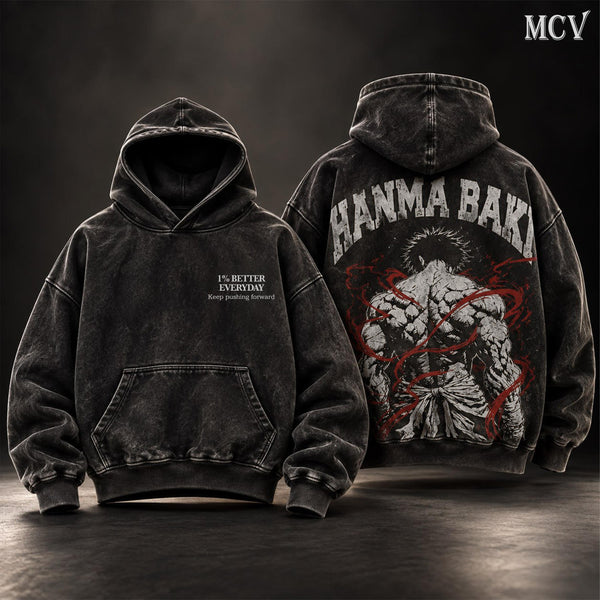 Hanma Baki Vintage Washed Oversized Hoodie, Double-Sided Baki the Grappler Anime Graphic Pullover, Muscular Fighter Back Print, 1% Better Everyday Motivational Design, Retro Y2K Streetwear, Unisex Anime Fan Gift