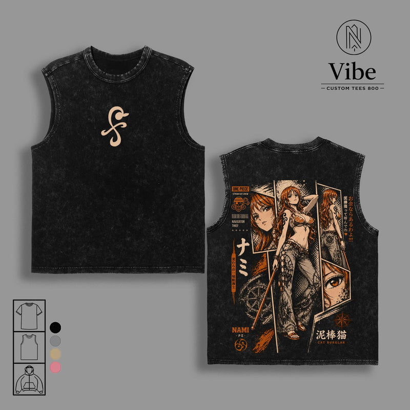 Nami 1 Piece Anime Double-Printed Vintage Washed Streetwear Tee, Tank Top, Sweatshirt, Hoodie - Unisex Oversize Seamless Ribbed Short-Sleeve Heavyweight Cotton Apparel, Gift for Anime Manga Fans