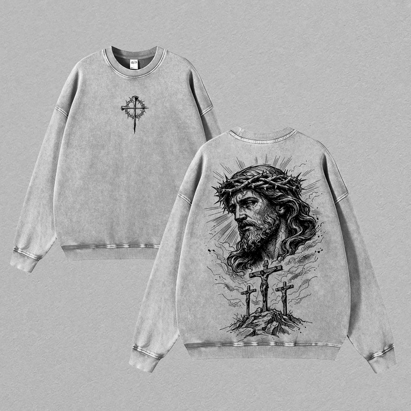 Jesus Crucifixion Shirt Hoodie Sweatshirt Vintage Washed Cross Crown of Thorns Graphic Christian Faith Jesus Saves Redemption Religious Streetwear Gift