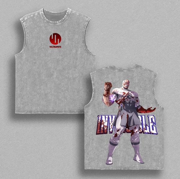 Conquest Invincible Anime Double Printed Vintage Washed Tee Unisex Oversize Heavyweight Cotton T-shirt for Anime Fans