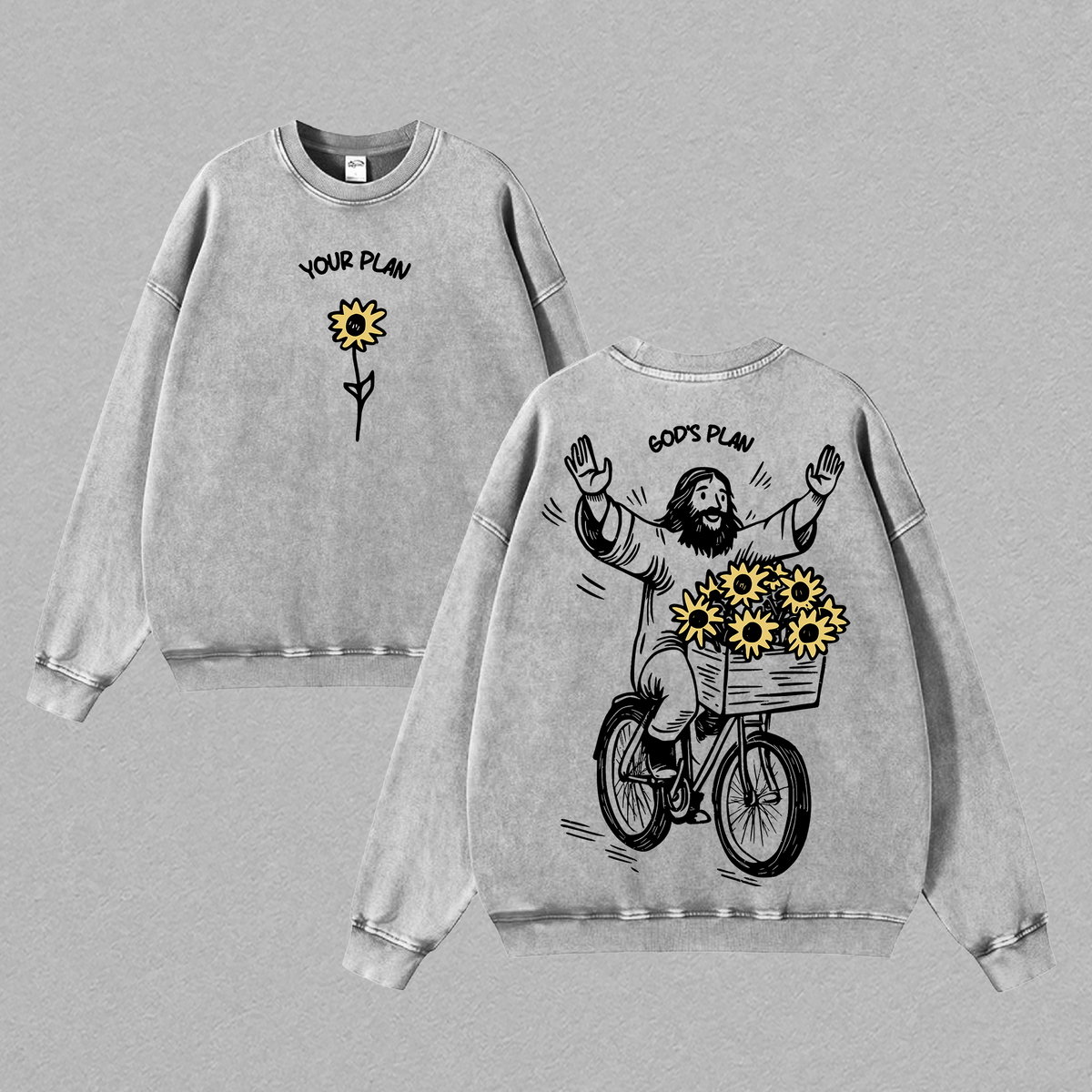 YOUR PLAN GOD’S PLAN Christian T Shirt Washed Sunflower Jesus Illustration Heavy Cotton Streetwear Faith Graphic Unisex Relaxed Fit Inspirational Religious Tee Aesthetic Merry Christmas