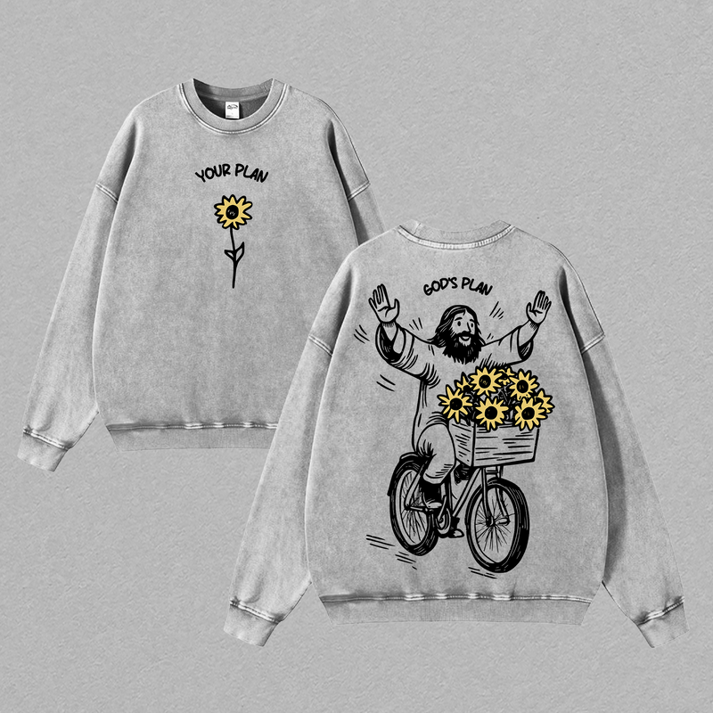 YOUR PLAN GOD’S PLAN Christian T Shirt Washed Sunflower Jesus Illustration Heavy Cotton Streetwear Faith Graphic Unisex Relaxed Fit Inspirational Religious Tee Aesthetic Merry Christmas