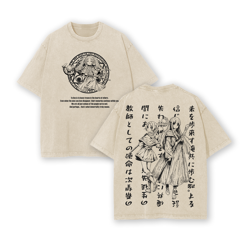 Sousou no Frieren. Frieren & Fern Anime Double Printed Vintage Washed Tee Unisex Oversize Anime Manga Washed Heavyweight Cotton T-shirt