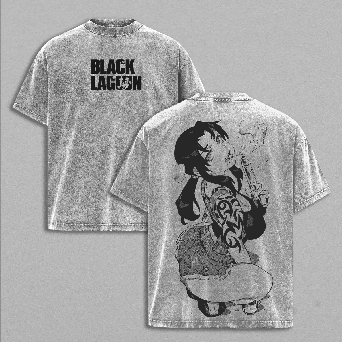 Revy Black Lagoon Anime Double Printed Vintage Washed Tee Unisex Oversize Anime Manga Washed Heavyweight Cotton T-shirt