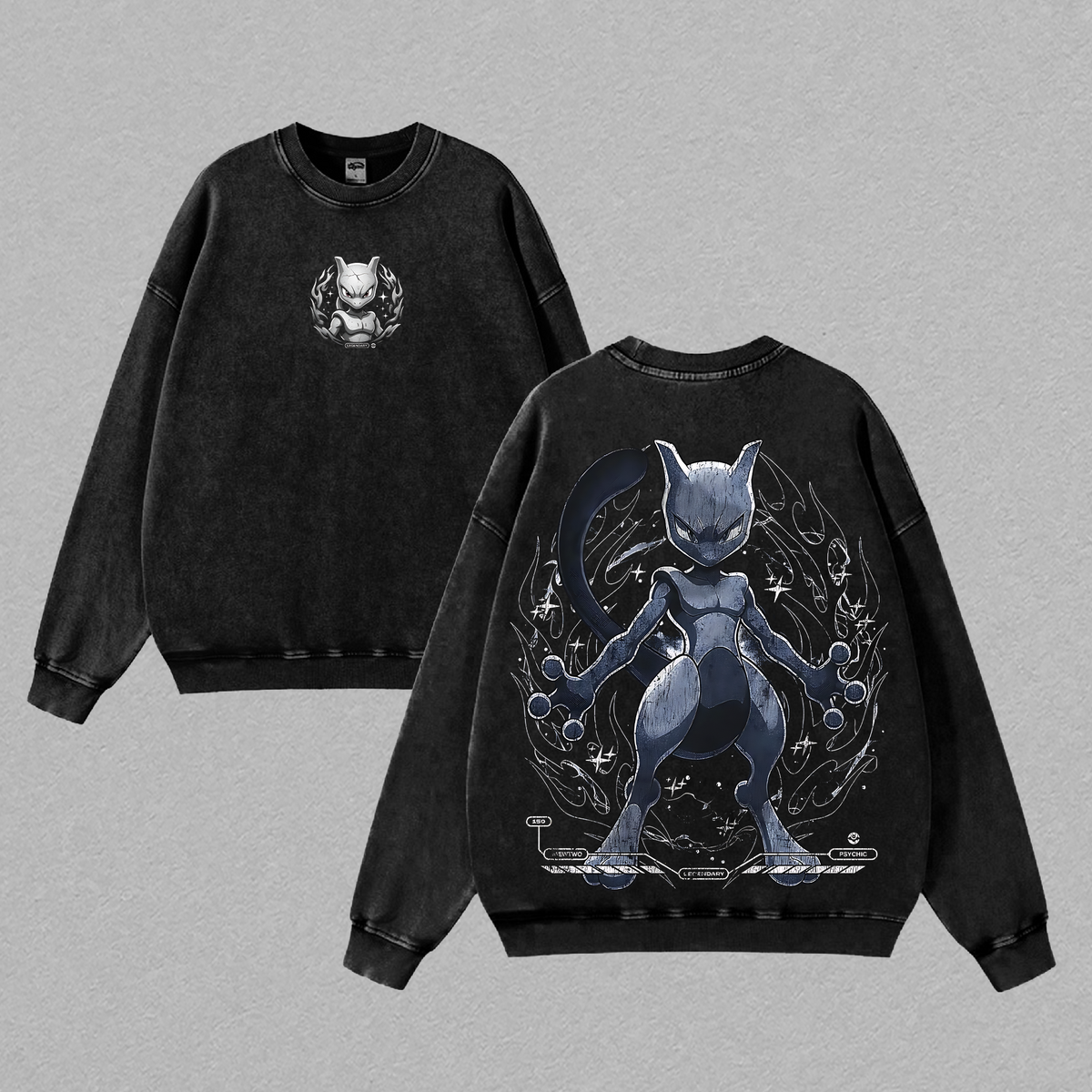 Vintage Mewtwo Acid Washed T-Shirt Unisex Oversized Anime Manga T-Shirt Heavyweight Cotton Tee for Anime Fans