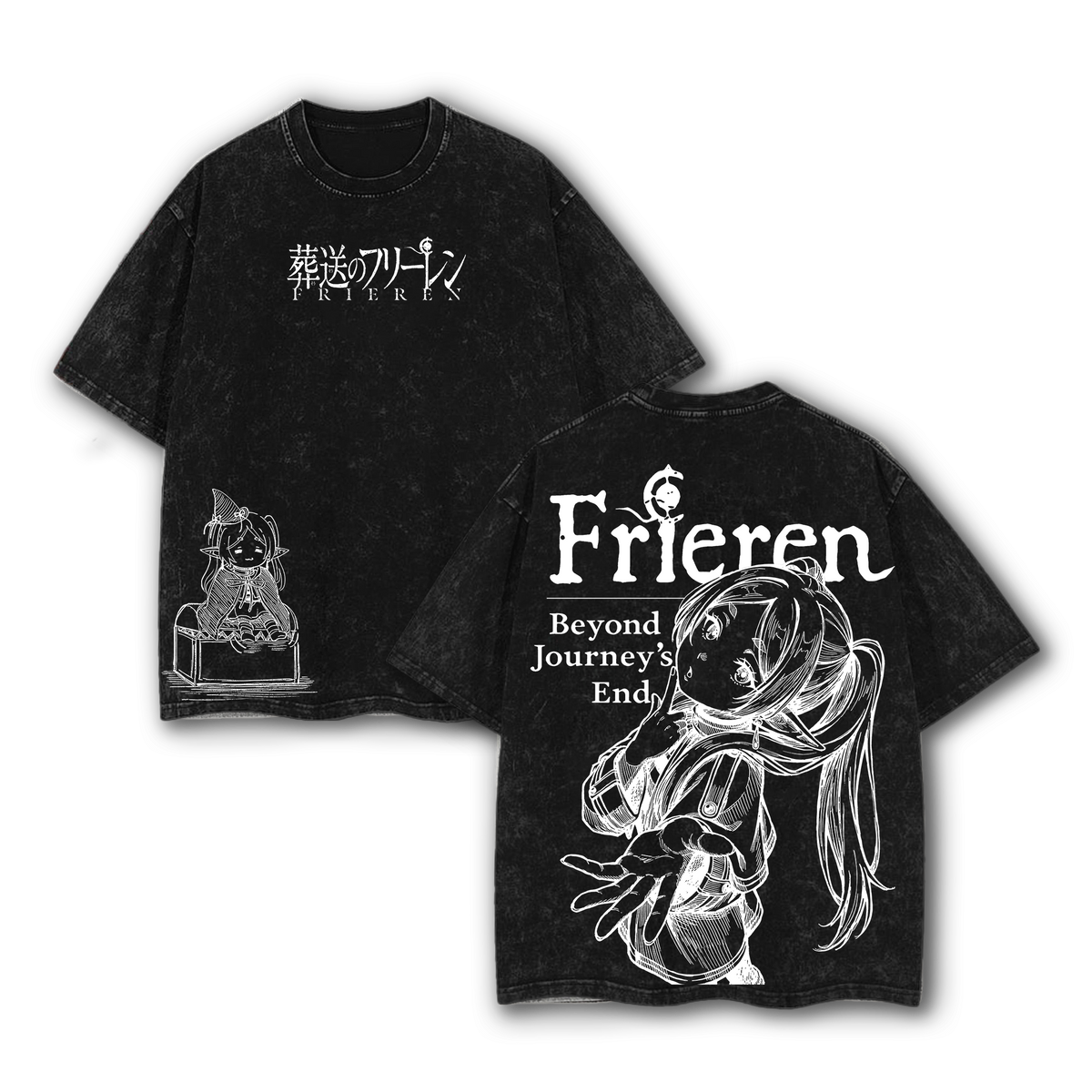 Frieren Beyond Journey’s End Hoodie & Tee Washed, Vintage Washed Heavy Cotton Oversized Anime Manga Hoodie T-Shirt Set, Retro Unisex Streetwear Graphic Top, Fantasy Healing Journey Edition, Japanese Anime Merch