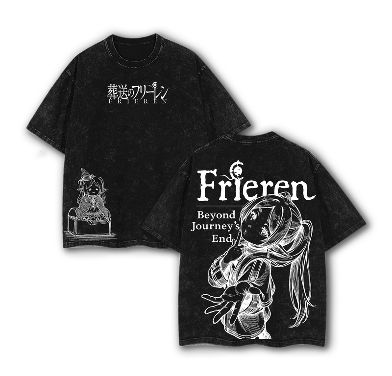 Frieren Beyond Journey’s End Hoodie & Tee Washed, Vintage Washed Heavy Cotton Oversized Anime Manga Hoodie T-Shirt Set, Retro Unisex Streetwear Graphic Top, Fantasy Healing Journey Edition, Japanese Anime Merch
