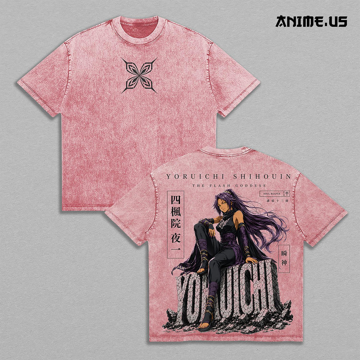 Yoruichi Shihouin Bleach Flash Goddess Shunko Thunder Form Soul Reaper Vintage Washed Heavyweight Cotton T-Shirt Double Sided Graphic Oversized Anime Streetwear Tee Gift for Bleach Fans