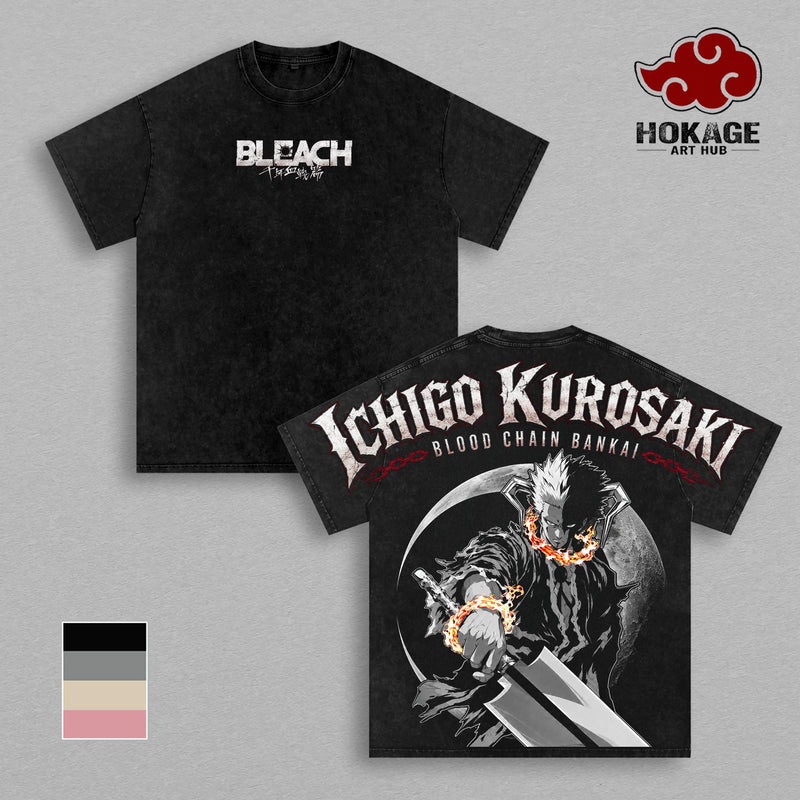 Ichigo Kurosaki Bleach T-Shirt, Blood Chain Bankai Anime Graphic Tee, Soul Reaper Manga Shirt, Back Print Vintage Anime Shirt, Graphic Tees Men, Trendy Tshirts, Men’s T Shirts, Bleach Streetwear, Unisex Cotton Distressed Tee, Anime Merch
